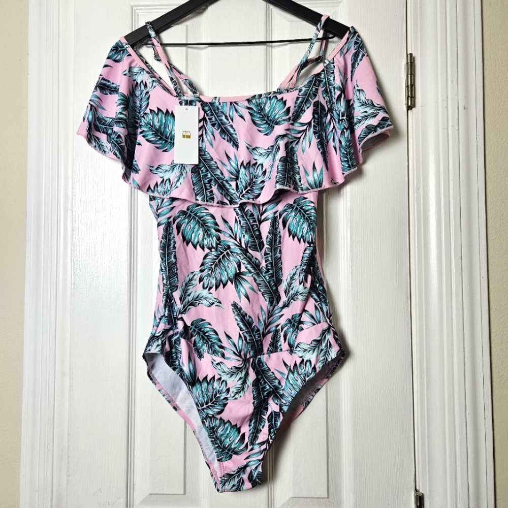 NWT maternity pink tropical one-piece swimsuit adjustable removable straps Lg - Picture 2 of 10